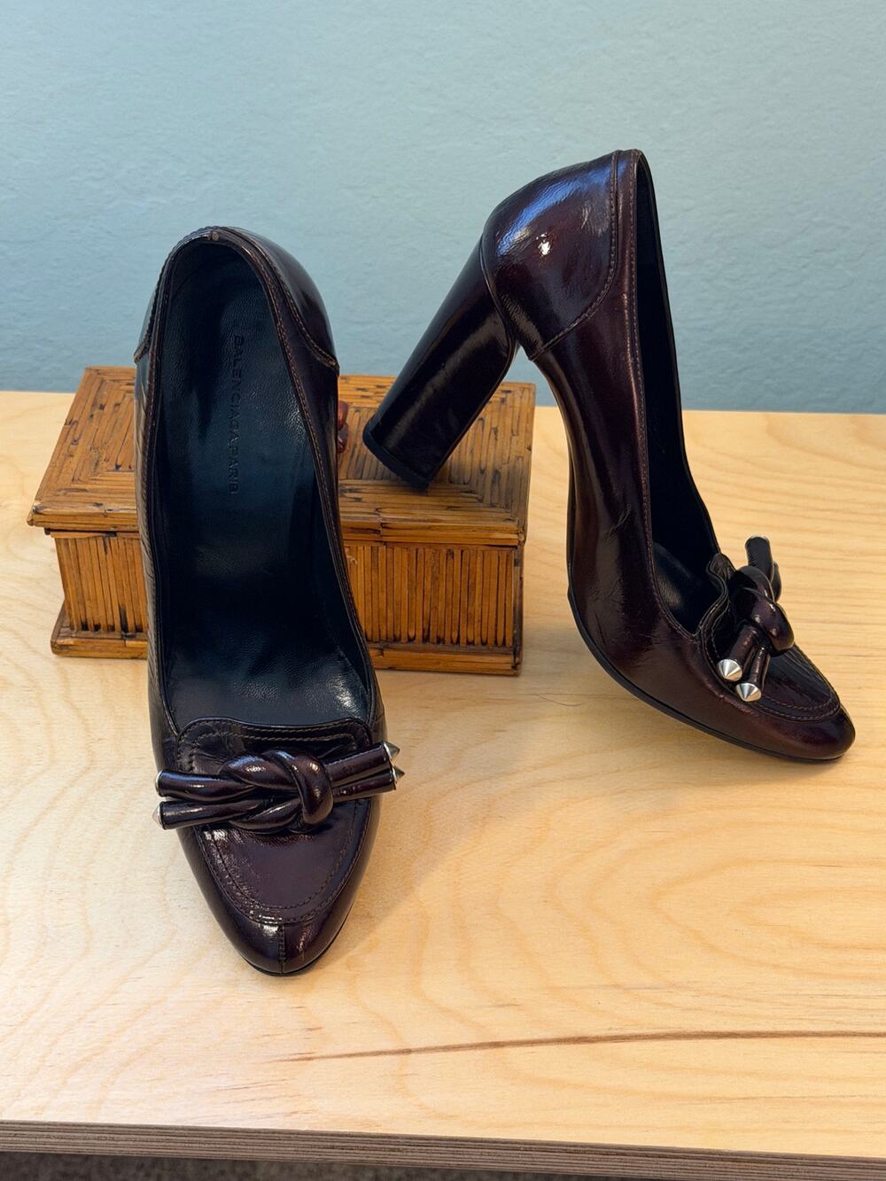 Vintage Balenciaga Knot Detail Oxblood Patent Leather Pumps